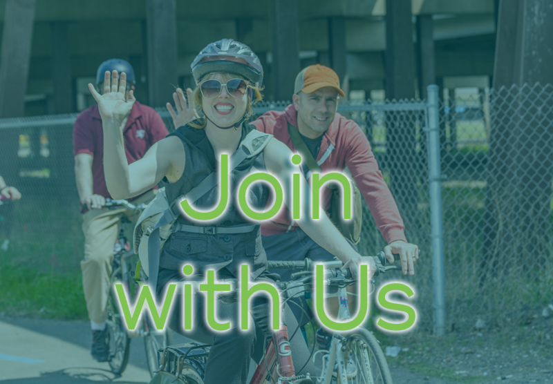 Text "Join with Us" over picture of woman and man biking on Lincoln Park connector bike path