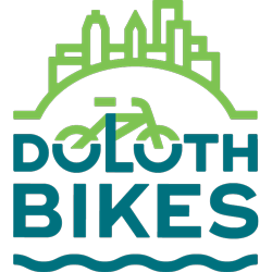 Text of Duluth Bikes with bike connected to "uL" in Duluth and a green city scape above words and blue waves below words